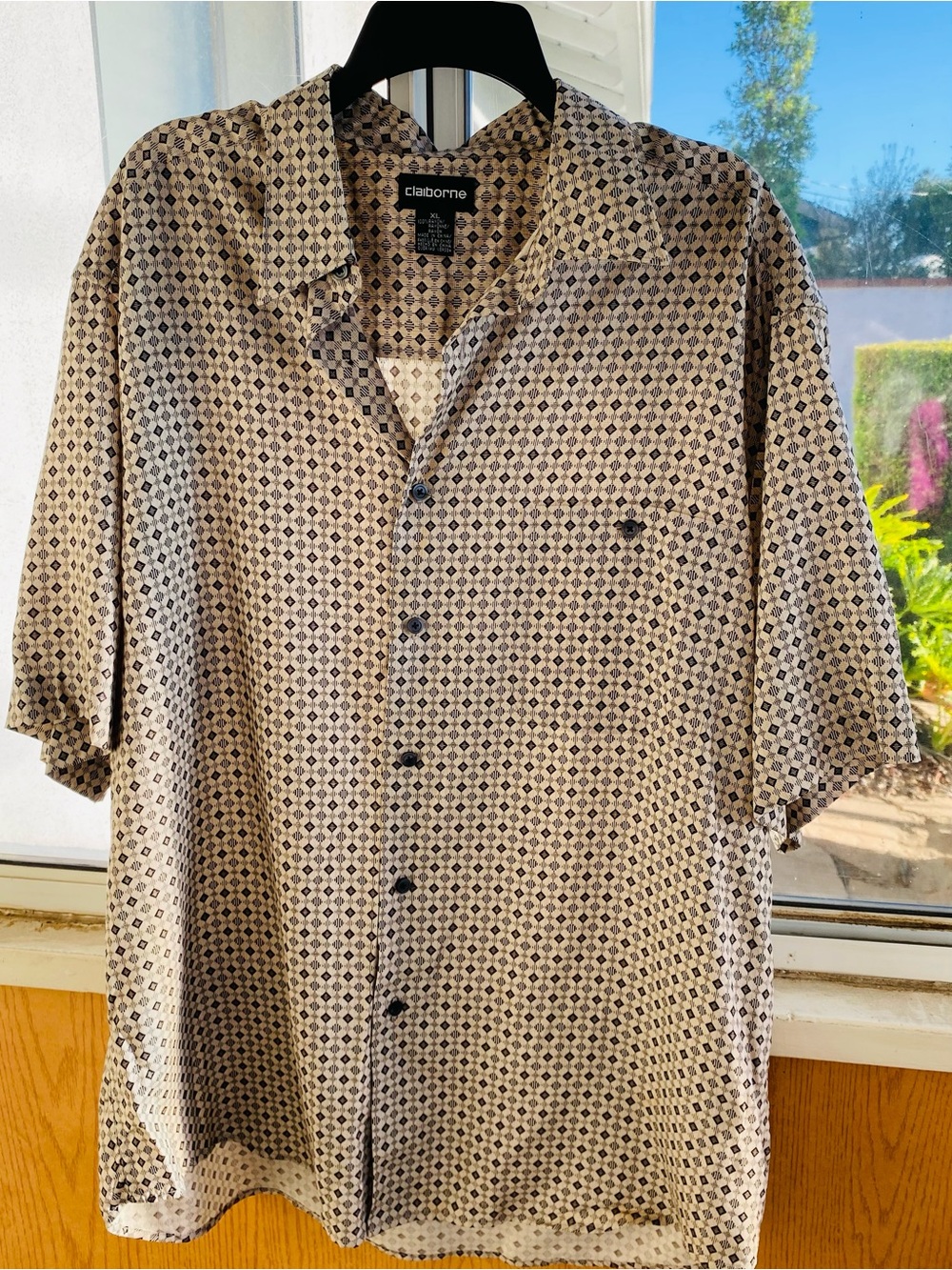 Claiborne Men’s Rayon Geometric Tony Soprano - like Shirt Tan & Black XL